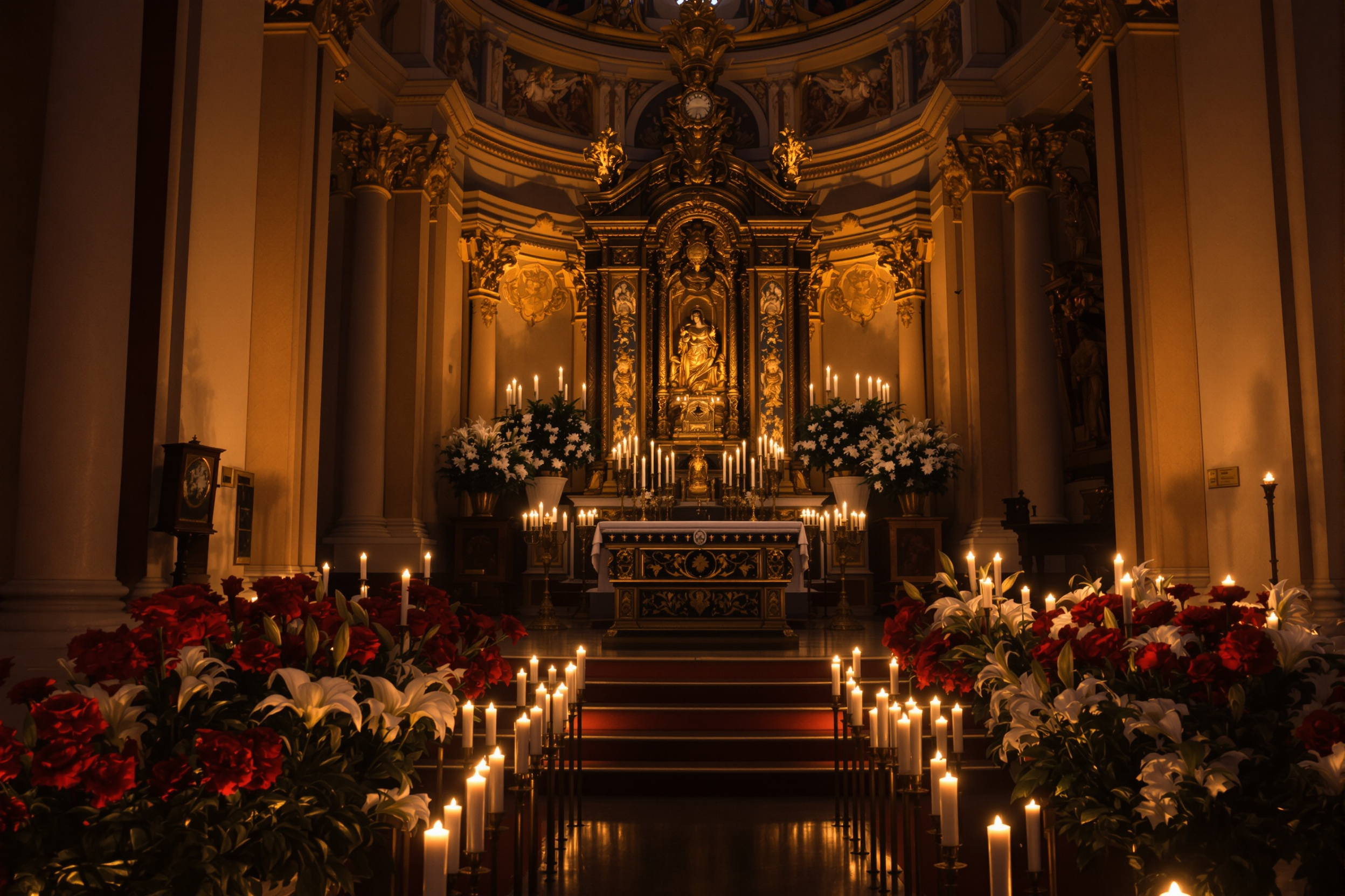 Altar barroco iluminado con velas votivas, claveles rojos y azucenas blancas en una capilla en penumbra