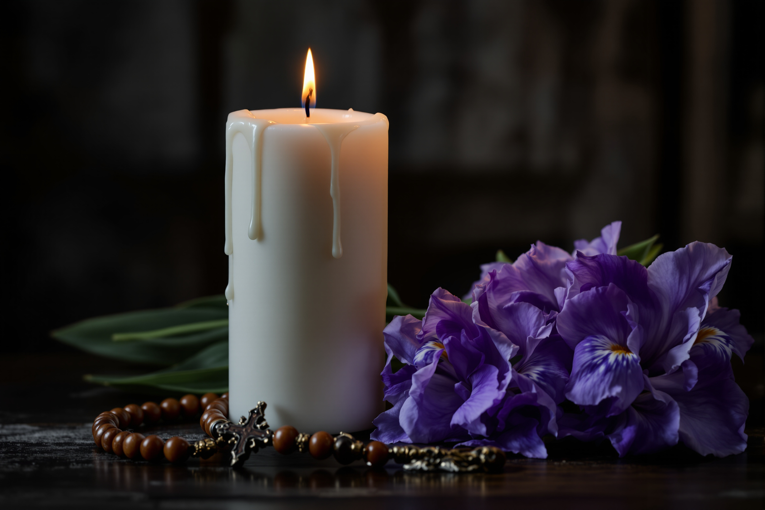 Cirio encendido junto a flores moradas y un rosario antiguo sobre madera oscura