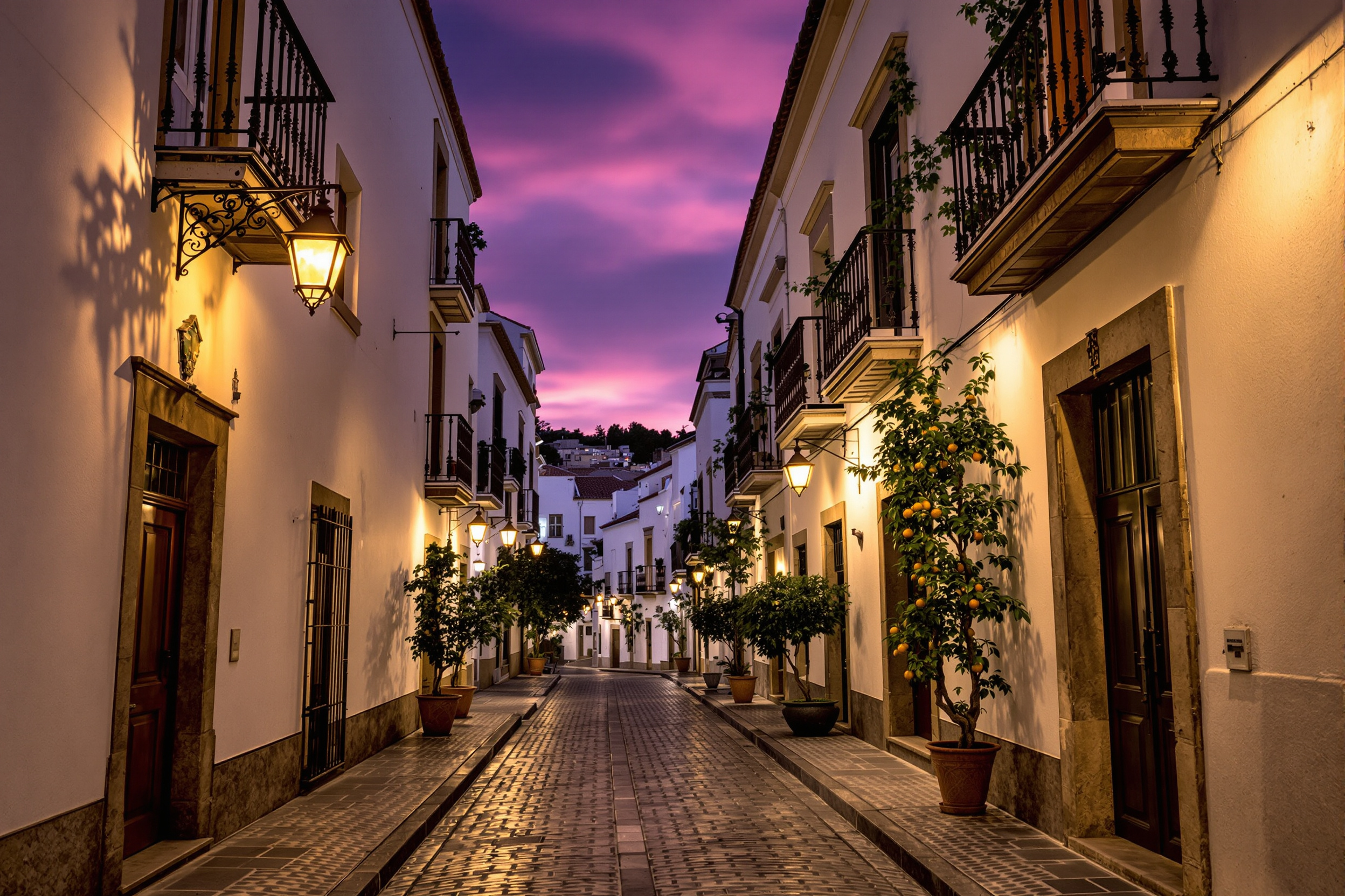 Calle estrecha del centro histórico de Jerez al atardecer con balcones de forja y faroles encendidos