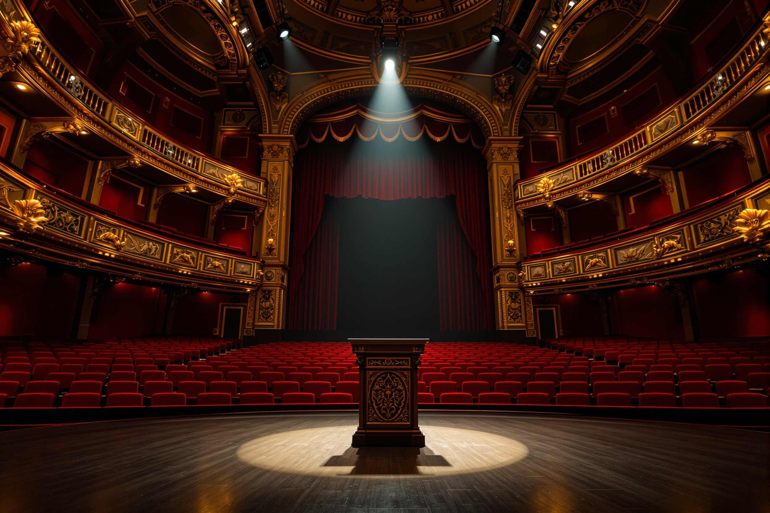 Interior de un teatro histórico con butacas rojas y un atril de madera iluminado en el escenario